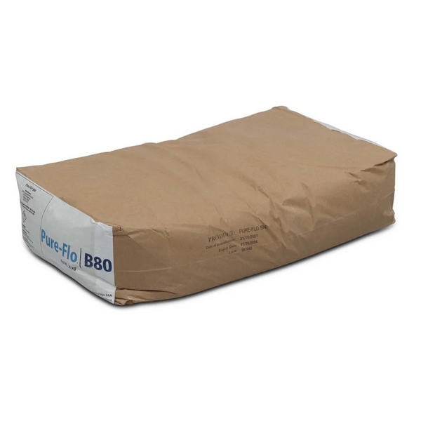 A brown, horizontal, flat paper bag filled with B80 filtration media that weighs 25 kilograms.