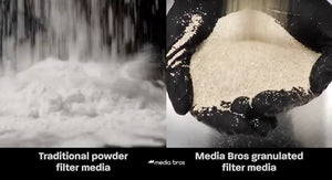 Two side-by-side images to compare traditional powder filter media with granulated filter media.